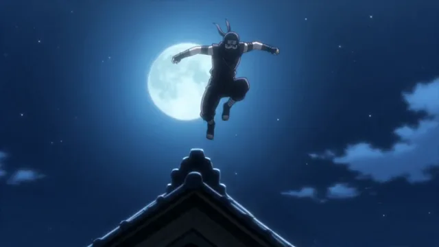 Ninja leaping across a moonlit rooftop