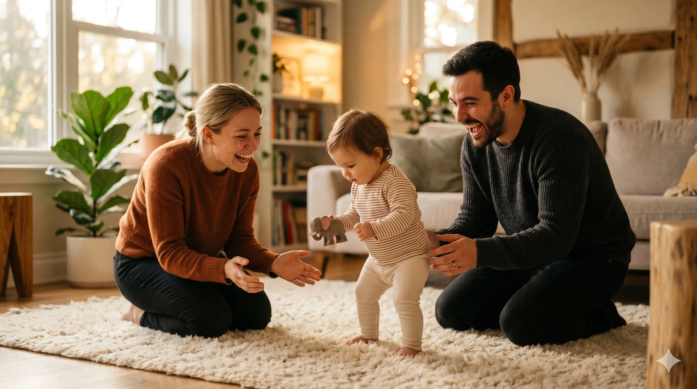 Toddler taking first steps with parents watching in amazement