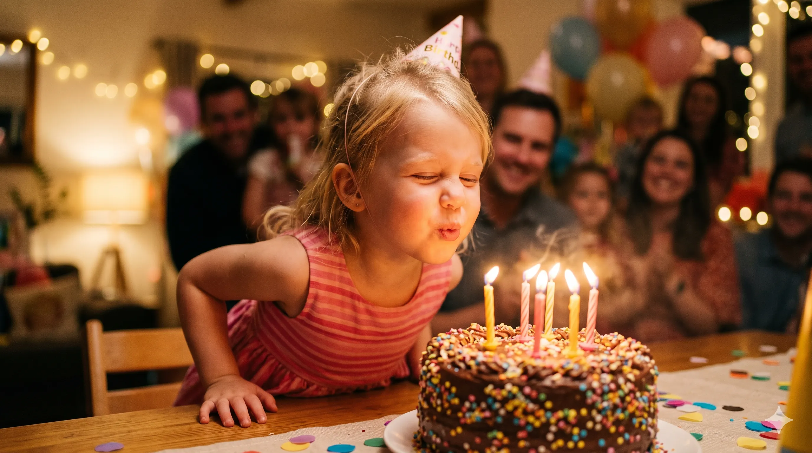 Child blowing out birthday candles with pure joy