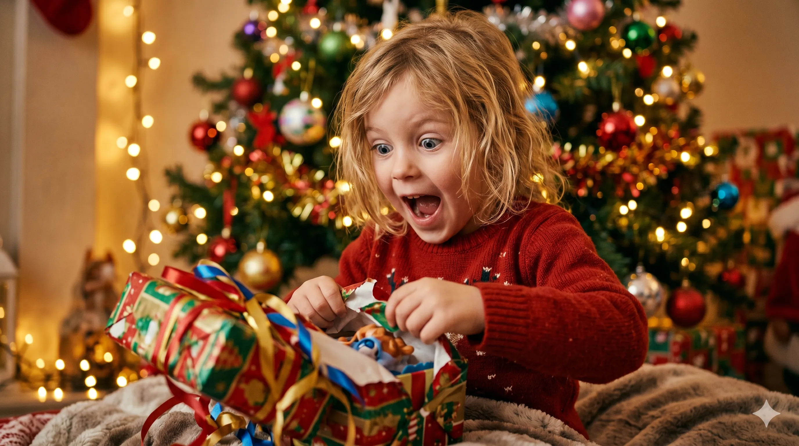 Child opening present with shocked delight expression
