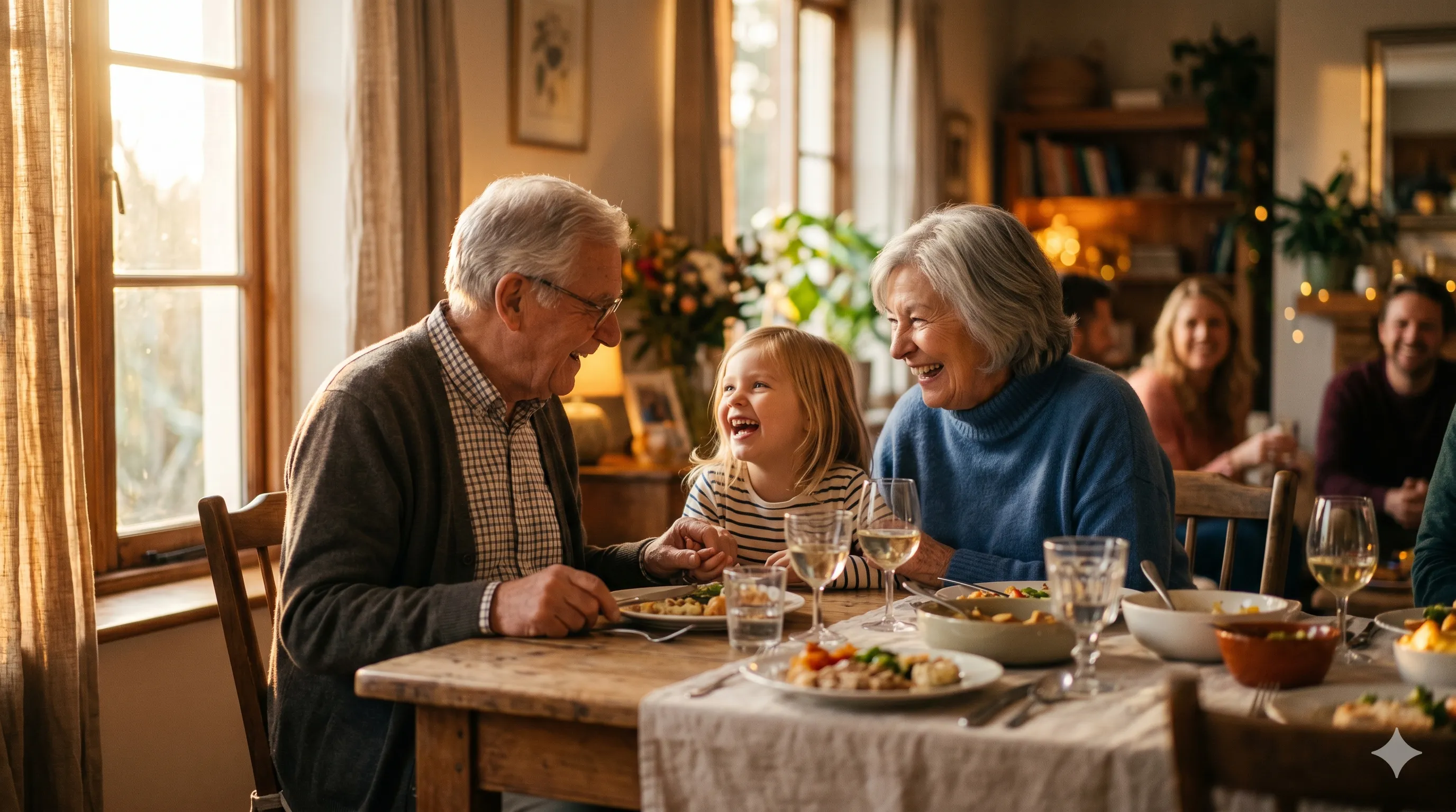 Elderly grandparents and young grandchild laughing together at dining table