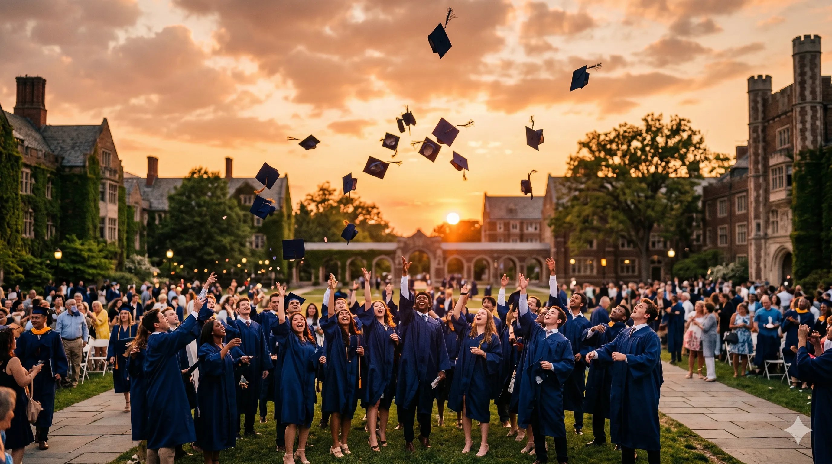 Graduates throwing caps in the air at golden hour