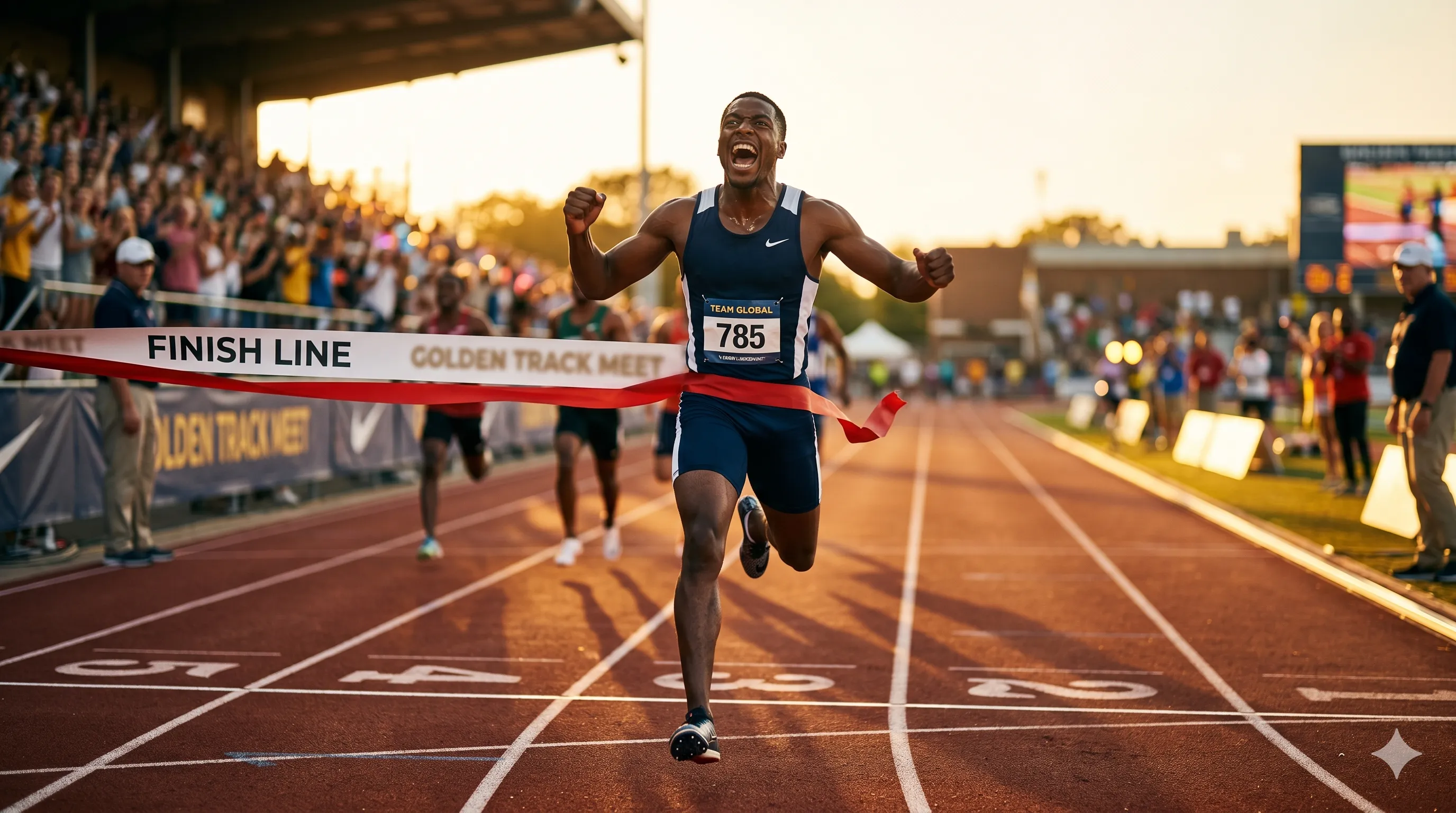 Athlete crossing finish line with triumph and emotion