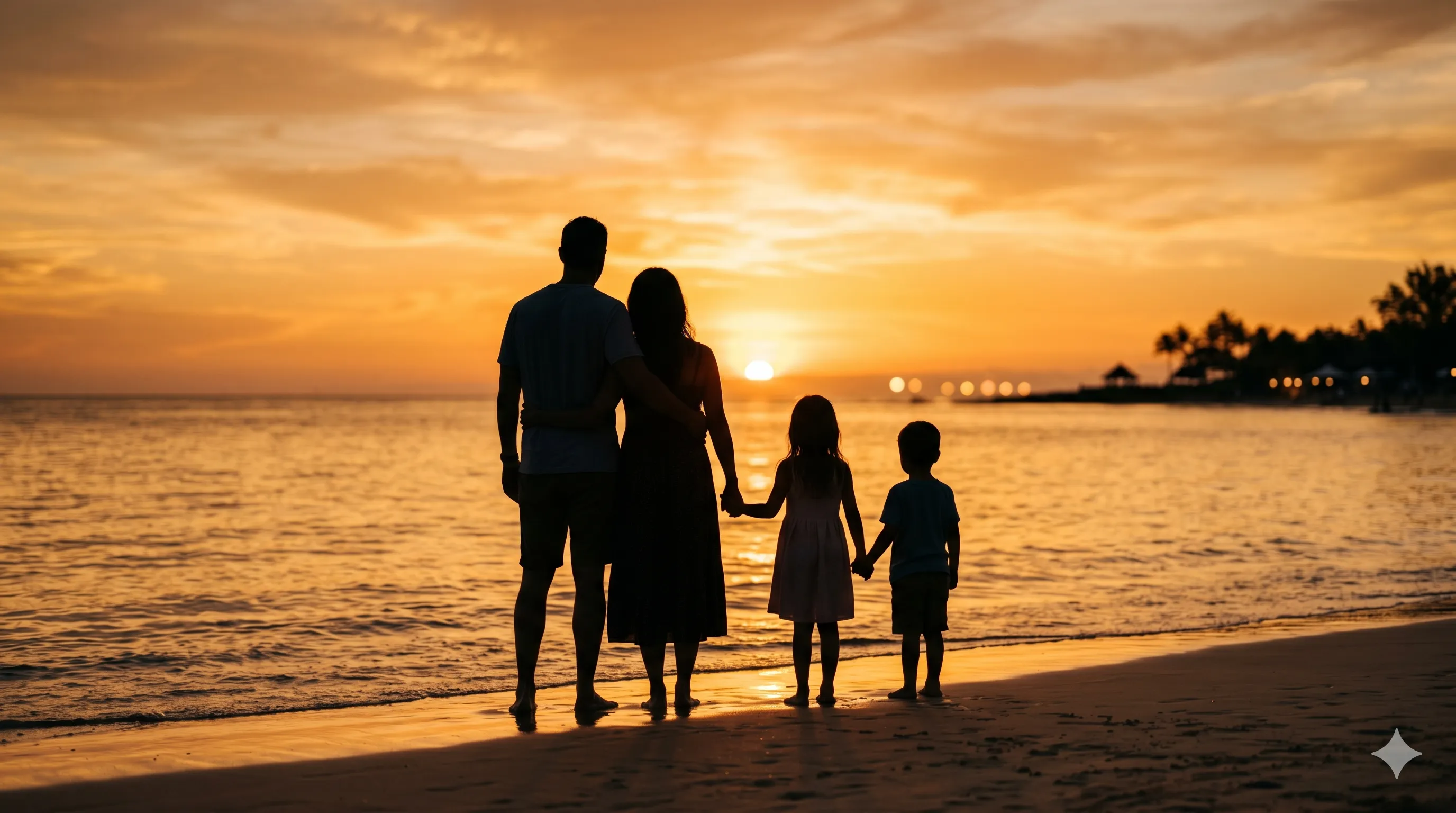 Family silhouette against golden hour sunset at beach
