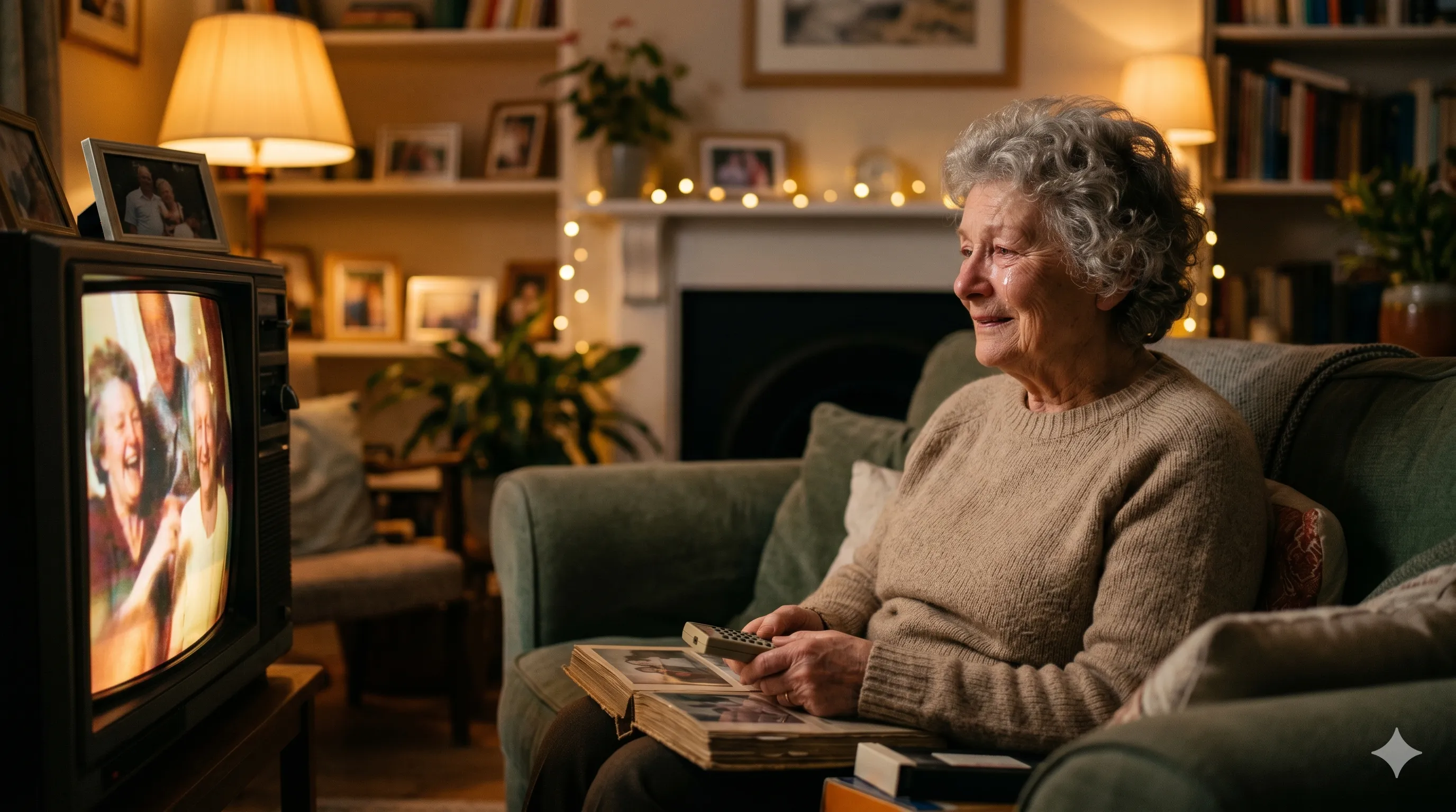 Elderly person watching old home videos with emotional response