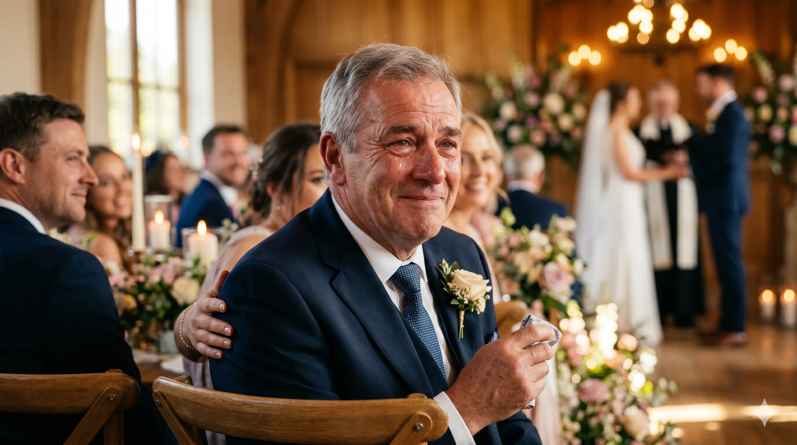Father with tears of joy during wedding ceremony
